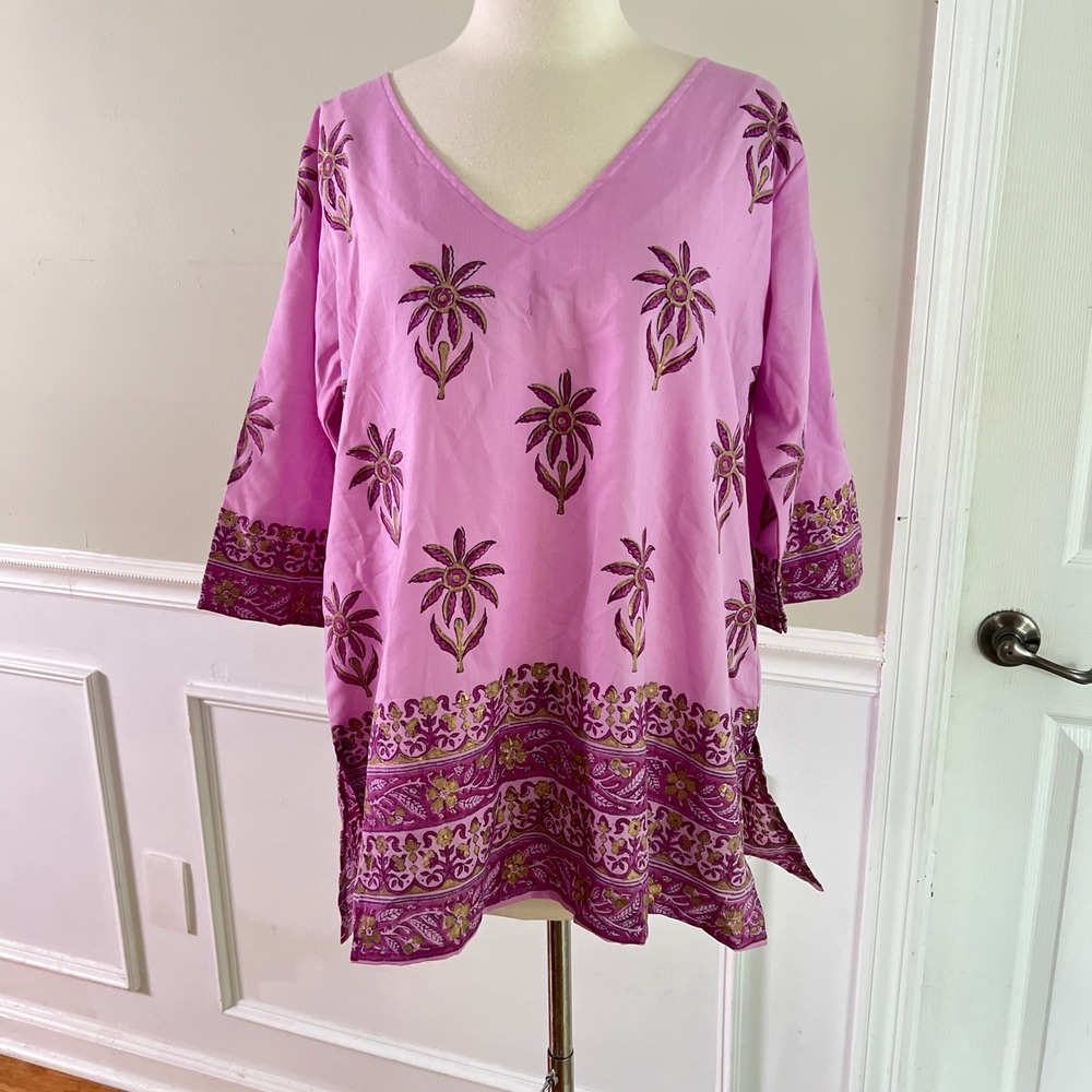 Colours of India Tunic Top L Womens Floral Block Print Pink Boho Beach Coverup